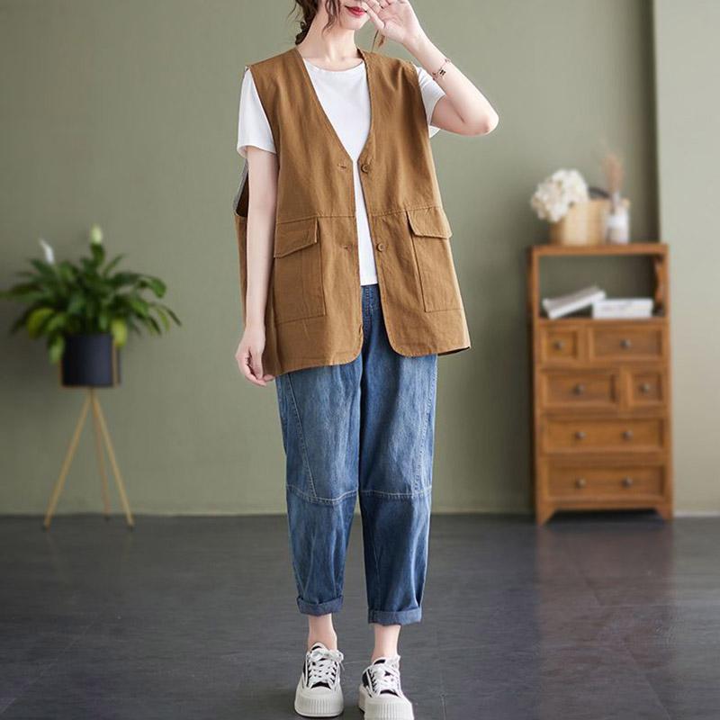 Dámská vesta Bavlněná bez rukávů Tílka Jednobarevná Nadměrná Ležérní V-výstřih Vesta Bunda