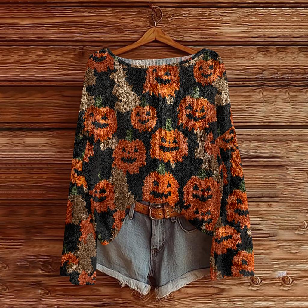 Womens  Fall Sweaters Long Sleeve Print Tops Pullover Sweaters Loose Dressy Casual Basic Clothes