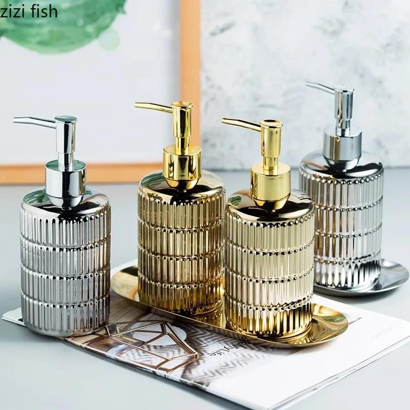Gold Plated Stripe Ceramic Soap Bottle Empty Bottle Soap Dispenser Lotion Bottle Shower Gel Shampoo Bottles Bathroom Accessories