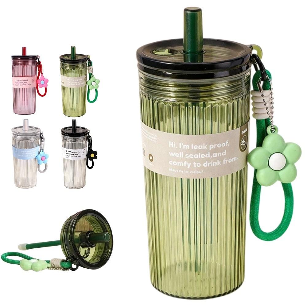 650ML Large Capacity Summer Plastic Straw Cup Leak Proof Transparent Student Water Cup Flower pendant with Lid & Hanging rope