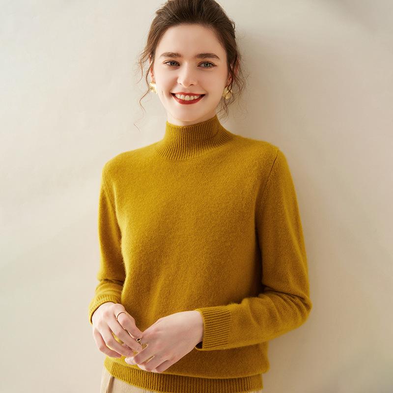 Women's Cashmere Half High Neck Slimming Solid Color Sweater for Autumn/Winter