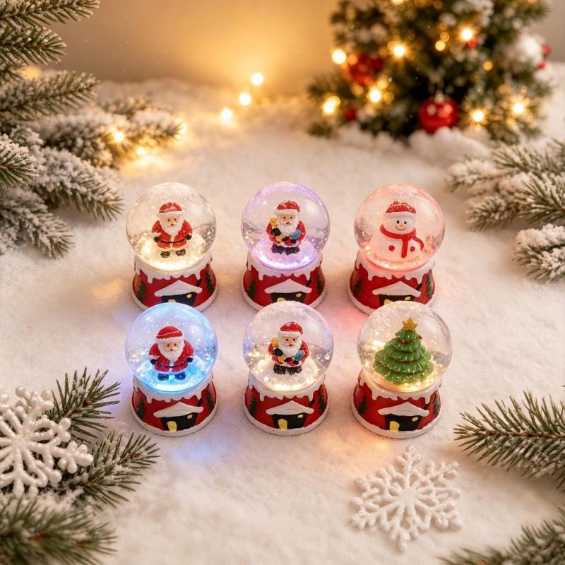 Christmas Water Globe Ornament with LED Light and Falling Snow Effect, Mini Holiday Display Accent in Glass Globe, Movable Shelf Accent, Random Style
