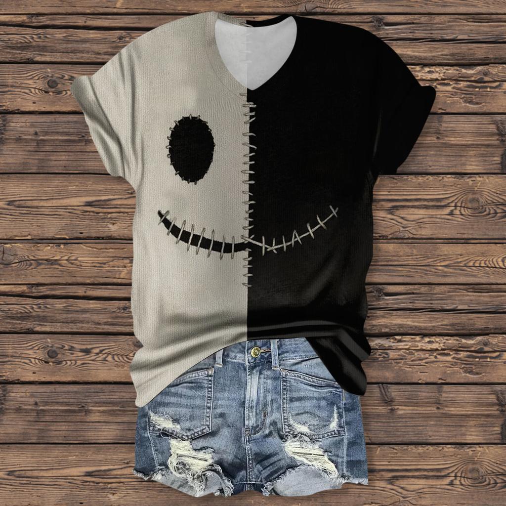 Women's Fashion Casual Three-quarter Sleeve Halloween Letters,  Face Print Top