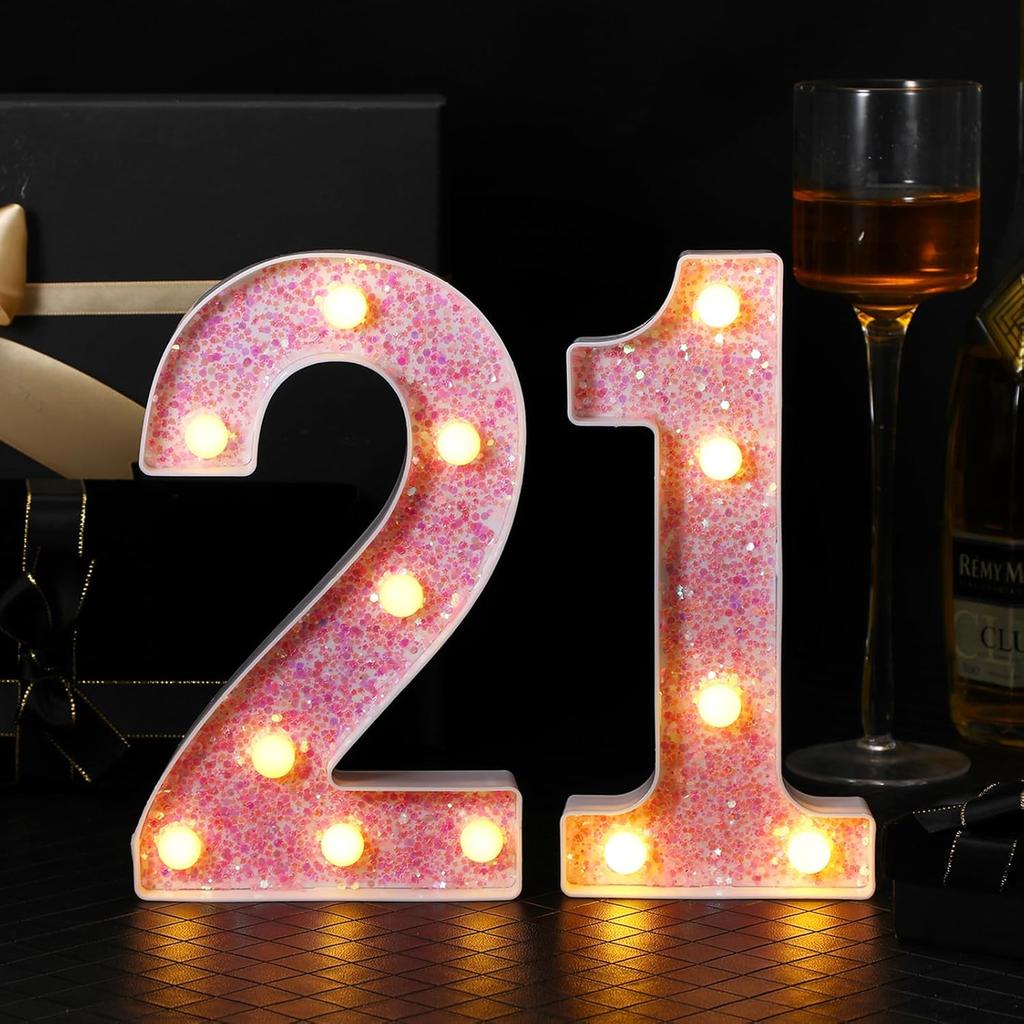 21st Decorative LED Light Up Numbers 21st Marquee Light Up Numbers Sign Birthday Table Decoration Glitter Pink 1 and 2 Suitable for Birthday Wedding