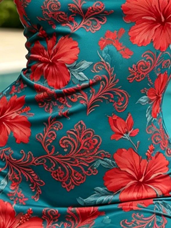 Tropical Hibiscus Floral Sleeveless Bodycon Mini Dress, Round Neck Slim Fit Casual Vacation Cover-Up