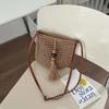 Cute Pu Leather Raffia Bag Tassels Hollow Out Weave Straw Crossbody Bag Bohemian Style Wood Bead Tassels Beach Bag Shopping