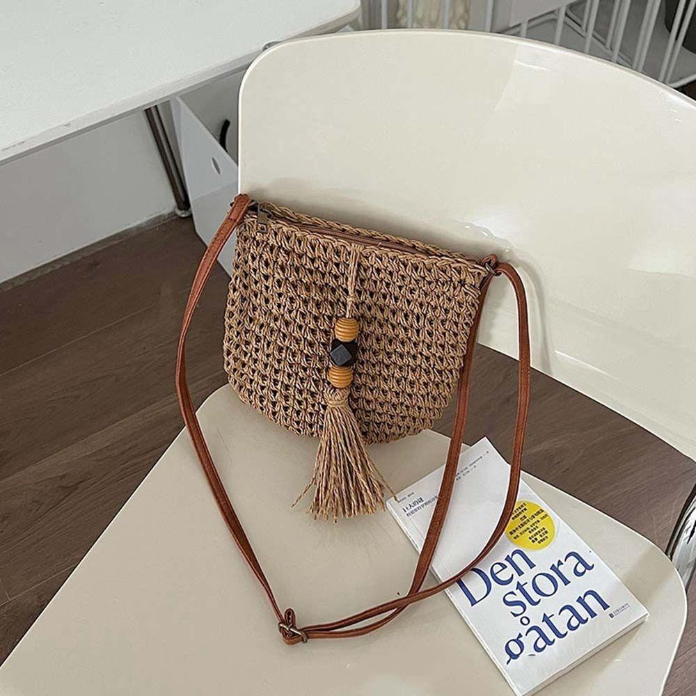 Cute Pu Leather Raffia Bag Tassels Hollow Out Weave Straw Crossbody Bag Bohemian Style Wood Bead Tassels Beach Bag Shopping