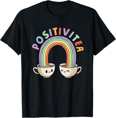 Camiseta Gráfica Positivitea Arco-Íris Fofa para Café Casual Respirável Manga Curta Gola Redonda