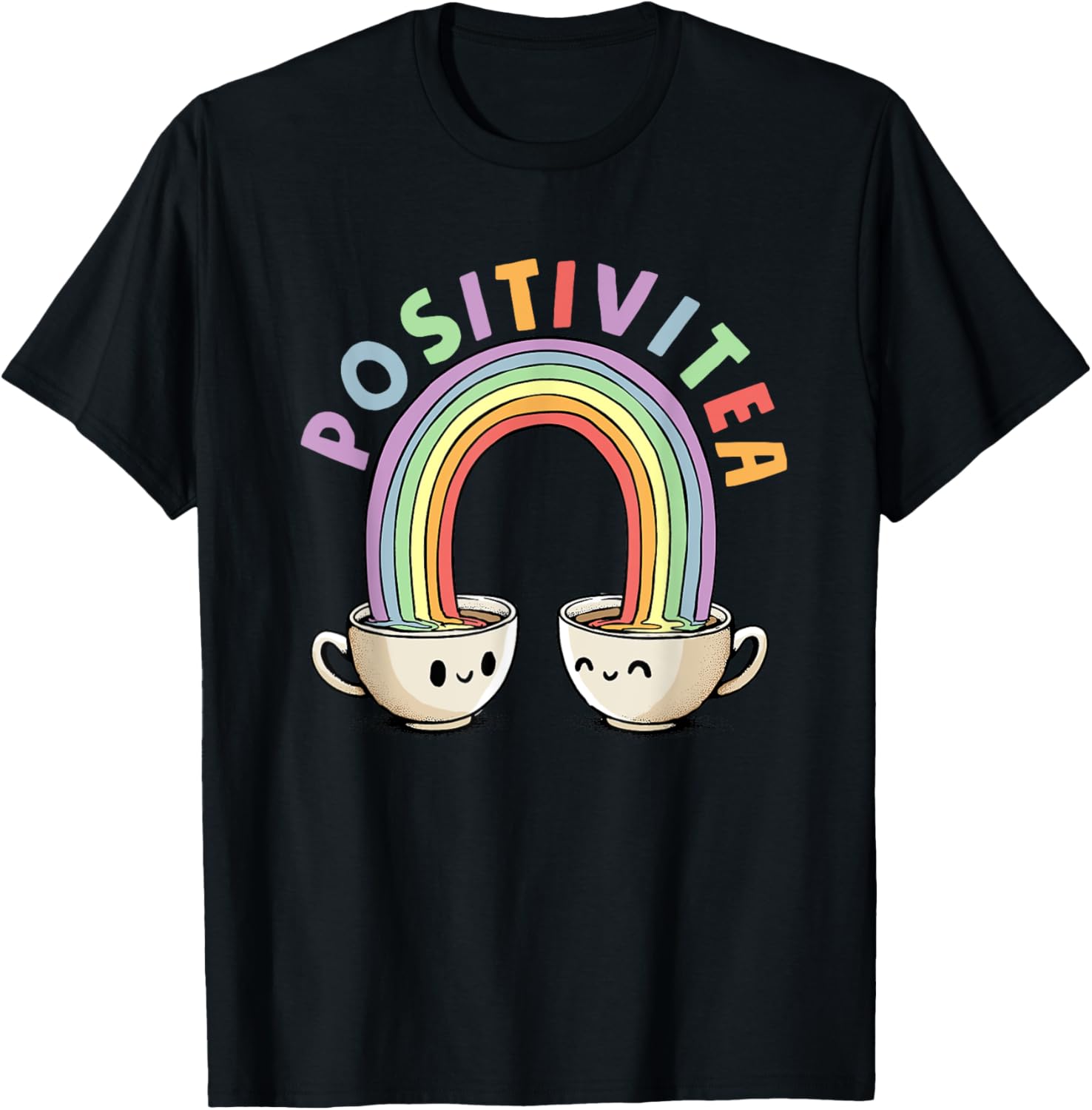 

Positivitea Rainbow Cute Coffee Cups Graphic T-Shirt Casual Breathable Short Sleeve Crew Neck Tee 4XL