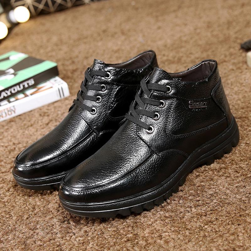 Men Winter Boots Business Genuine Leather Ankle High-top Cotton Snow Boots With Full Fur lining for father fgb78