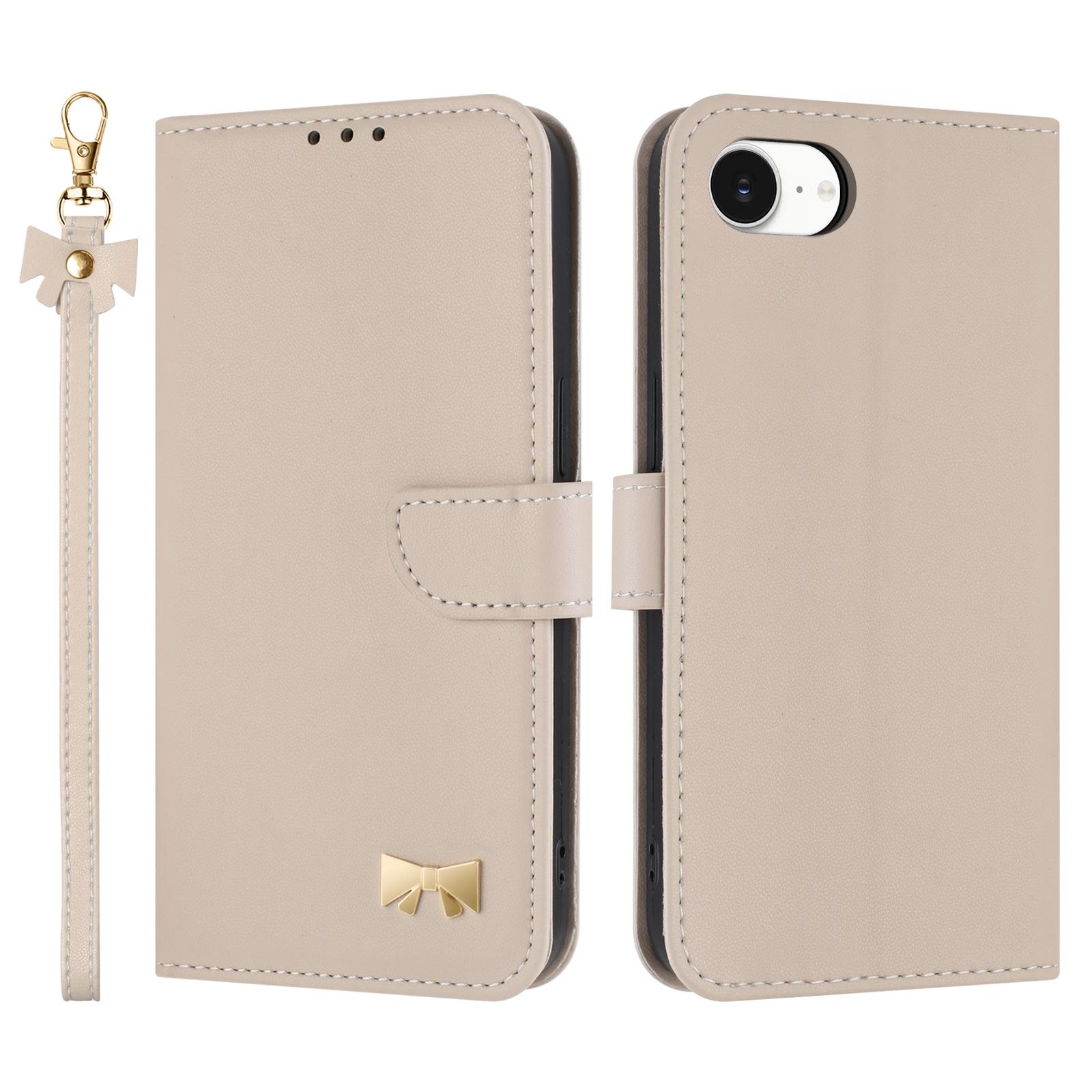 

For iPhone 16e Case Bowknot Decor Wallet Leather Phone Cover with Wrist Strap Khaki