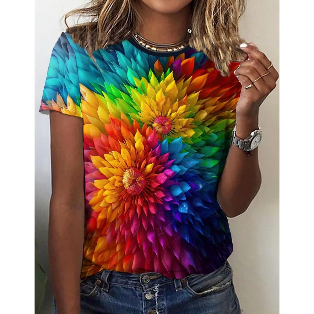 Fashions Women's Clothing Crushed Flower O-Neck Loose Short Sleeve T-Shirt Coloured Print Tops Ventilate Tshirts Streetwear