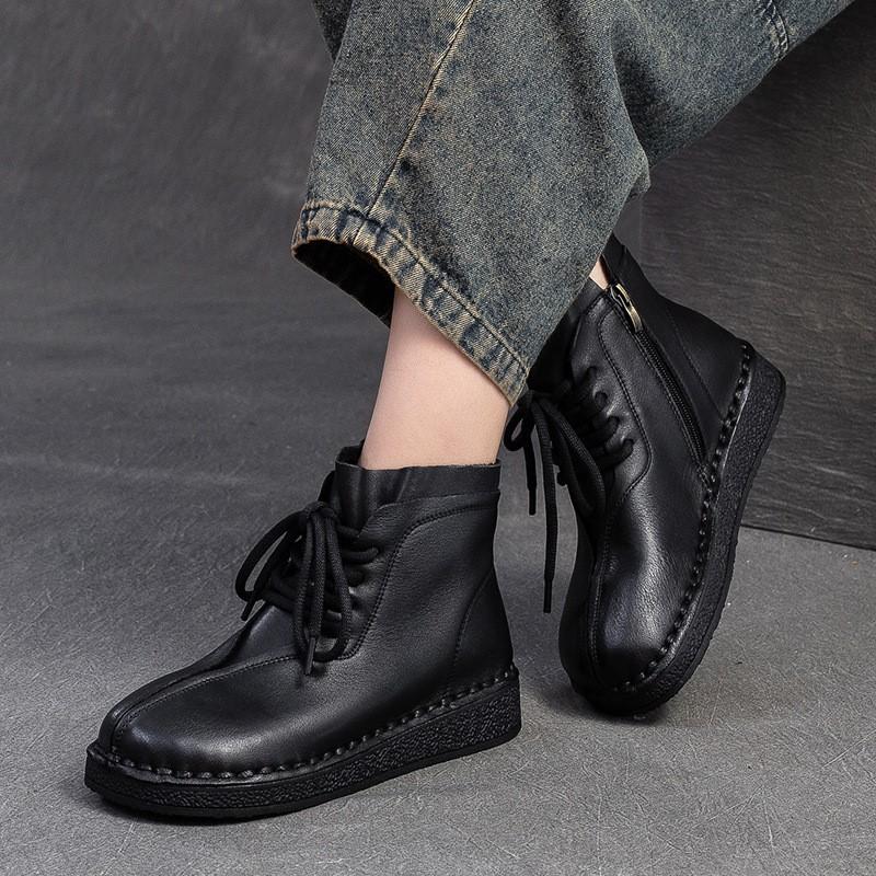 Johnature Retro Lace Up Flat Short Boots Genuine Leather Comfortable Versatile Women's Shoes
