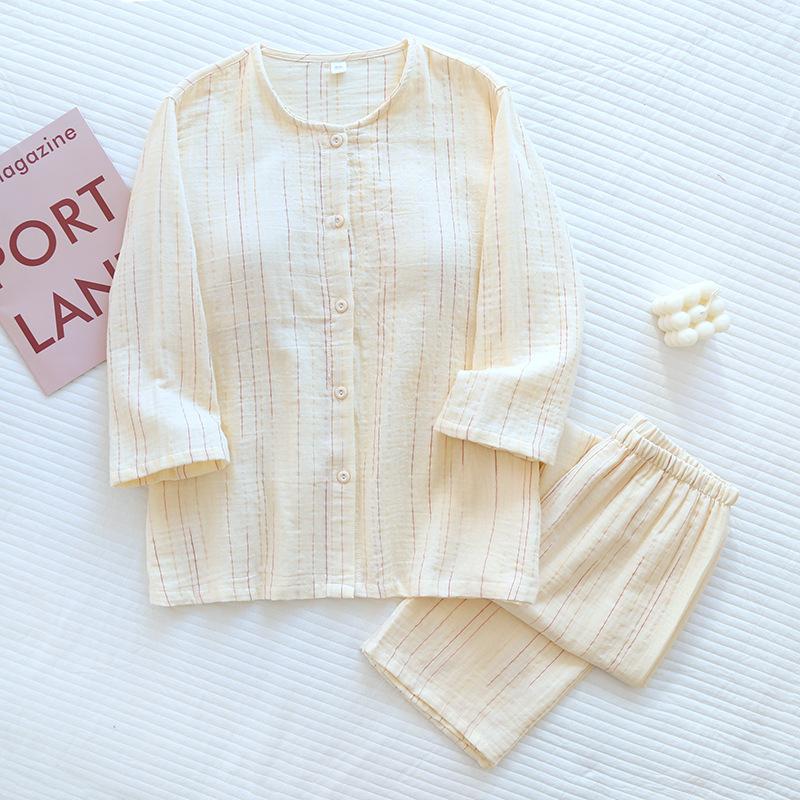 2025 New Spring/Summer Women's Pajama Set 100% Cotton with Chest Mat Long Sleeve Long Pants Round Neck Two Piece Home Clothes