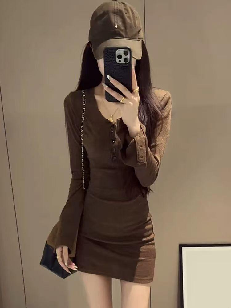 Herbst-Chic Rundhals-Langarmkleid - Schlankmachender & schmeichelhafter Hüftbetonter Stil für Damen