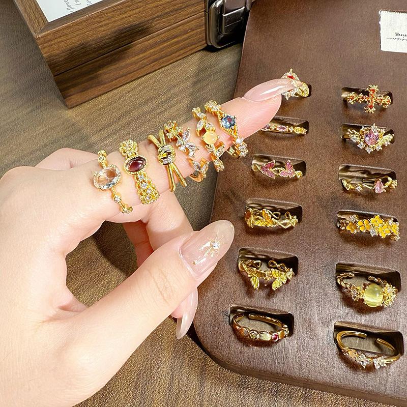 Blind Box Medieval Vintage Gold Niche Retro High-End Open Ring Color Treasure Light Luxury Ring Woman