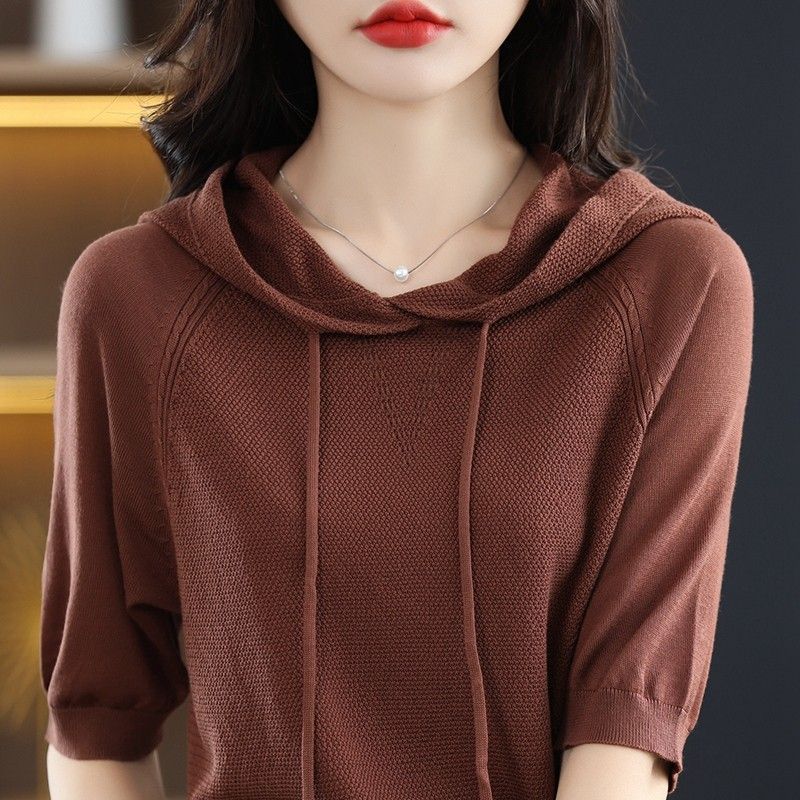 Summer versatile hooded short-sleeved shirt women's ice silk knitted sweater pullover bottoming shirt thin loose foreign style top women