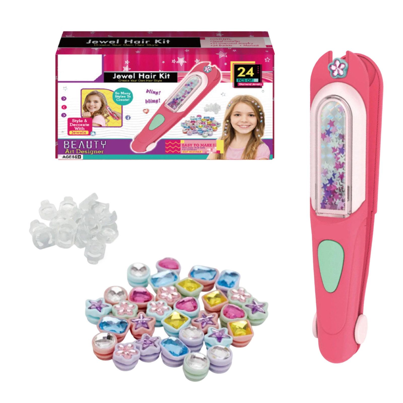 

Jewel Hair Kit for Kids with Hair Bead Applicator and 24 Decorative Hair Jewels DIY Styling Tool for Creative Hair Decoration One Size розовый