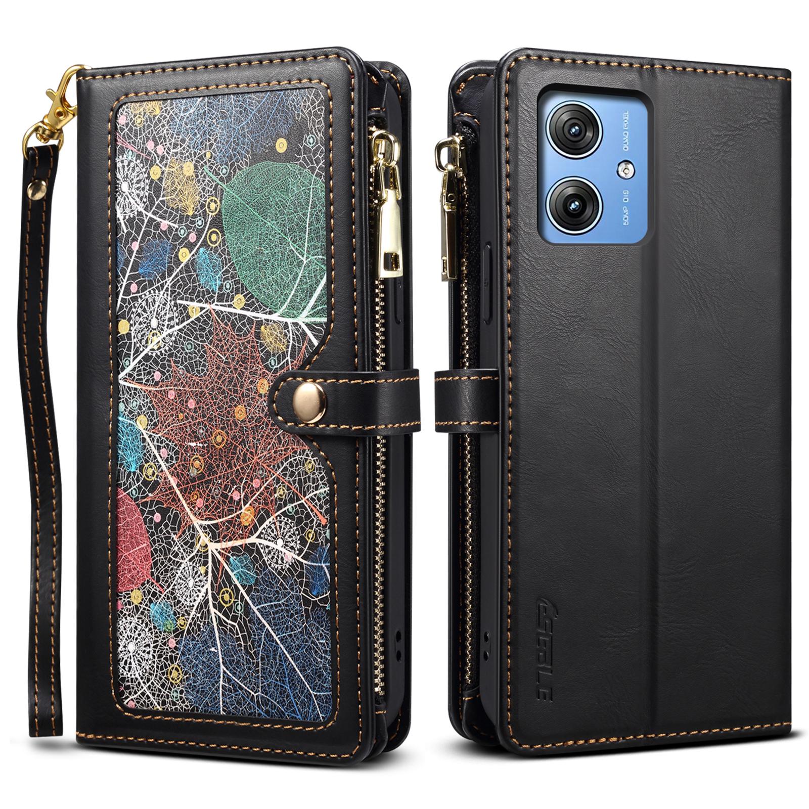 

ESEBLE Galaxy Series For Motorola Moto G55 5G Case Leather Zipper Phone Cover RFID Blocking Black