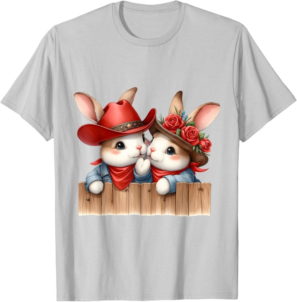 Cute Cowboy Bunny Couple Peeking Over Fence Graphic T-Shirt Men Casual Daily Tee