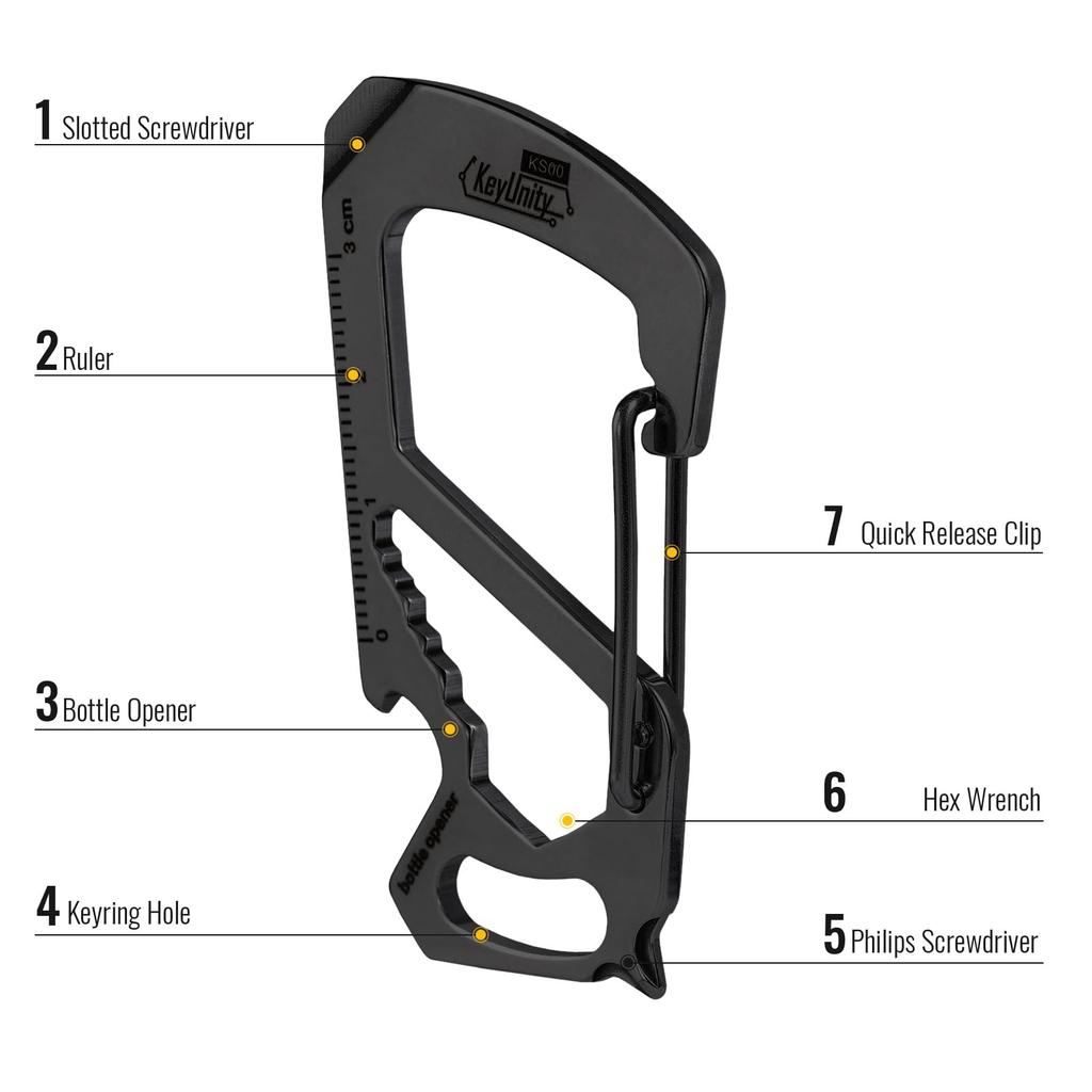 KeyUnity KS00 Multi-Tool Carabiner Keychain [Ruler, Bottle Opener, Screwdriver, Spanner] Multifunctional, Lightweight, Stylish EDC Tool, Stainless Ste