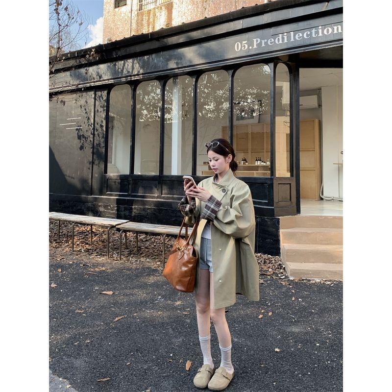 

Kumikumi British Style Retro Contrast Color Stand Collar Trench coat Outerwear Women Autumn Loose Slimming Versatile Temperament Top Image color M