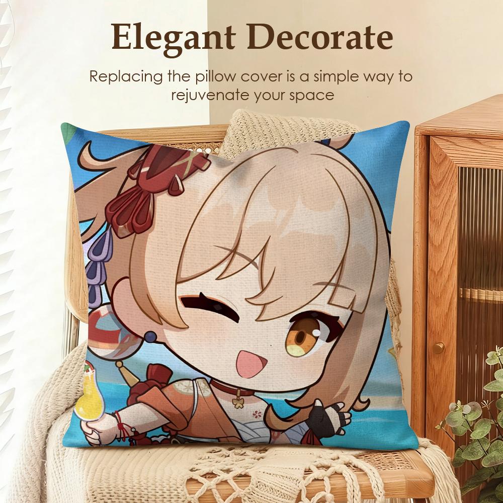 Yoimiya Cute Genshin Impact Cushion Cover Natural Linen Organic Fabric Double-Sided Printing Sofa Home Decor Gift Pillow Case