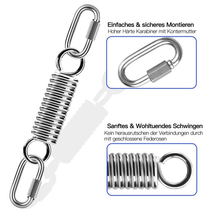 Ressort de suspension pour fauteuil/hamac en inox 304 — capacité 250 kg, crochet 360° et mousquetons