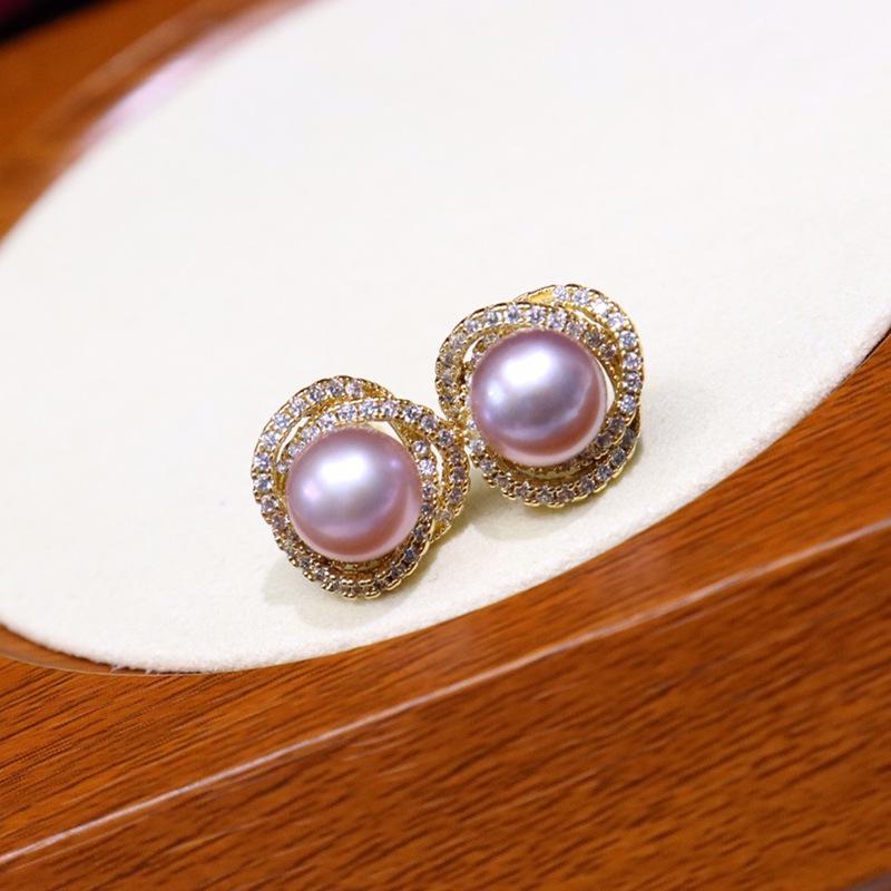 Elegant Freshwater Pearl 18K Gold-Plated Earrings: 8-9mm Studs with Zircon Details