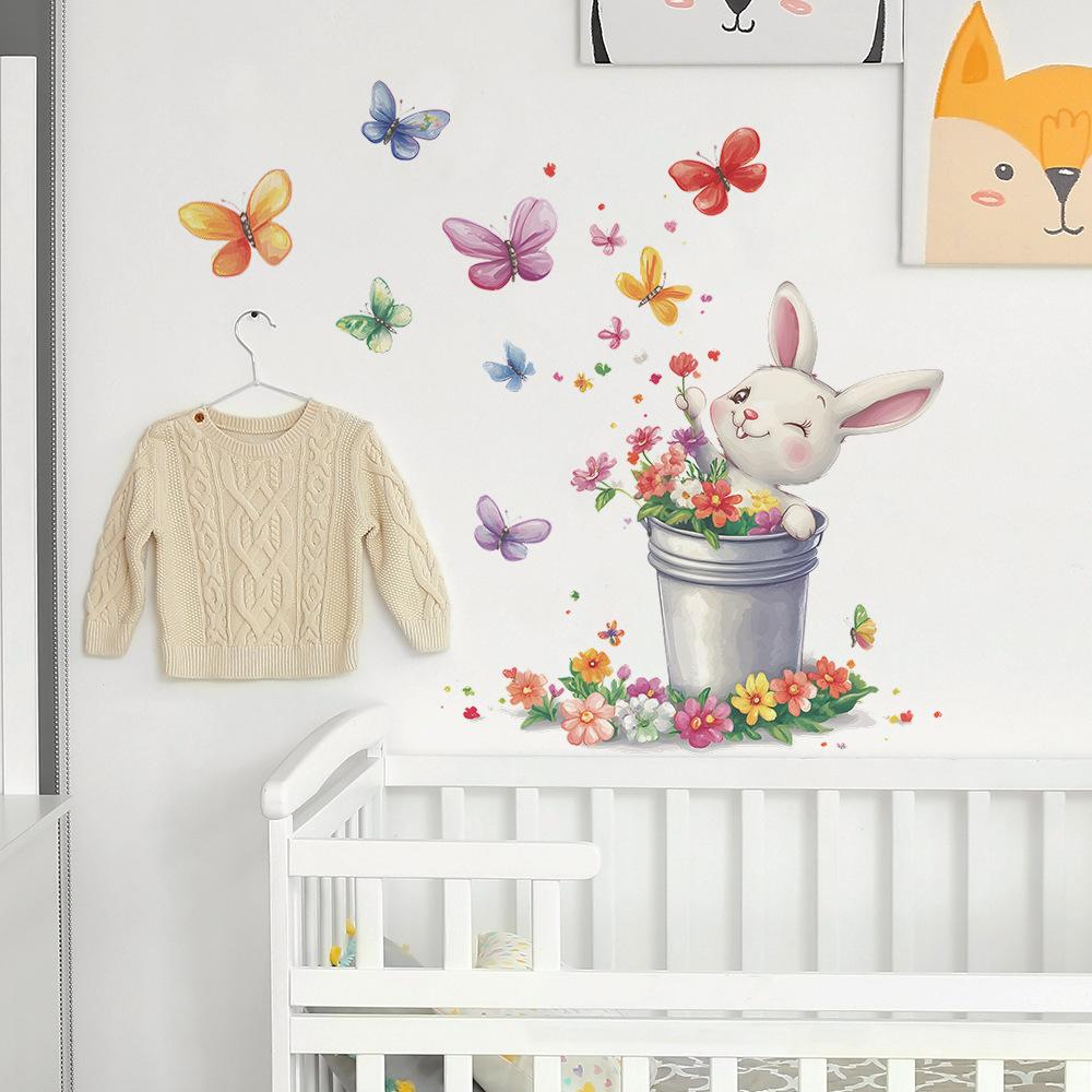 Vintage Tin Bucket Floral Rabbit Butterfly Wall Sticker Self-Adhesive Removable for Bedroom Living Room Rustic Home Decor Art