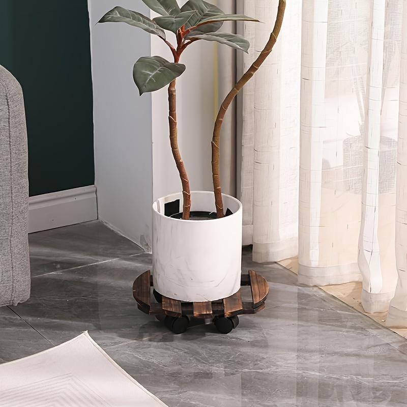 Heavy-Duty Round Wooden Plant Stand On Wheels - Stylish White Pot Holder with Lockable Metal Casters for Indoor/Outdoor Use, Ide