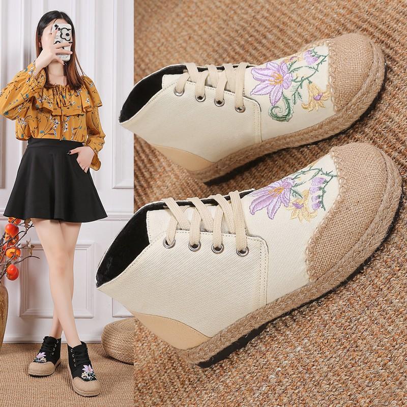 

Новая модная вышивка простые средние туфли женские льняные повседневные туфли швейный процесс шнуровка повседневные 35