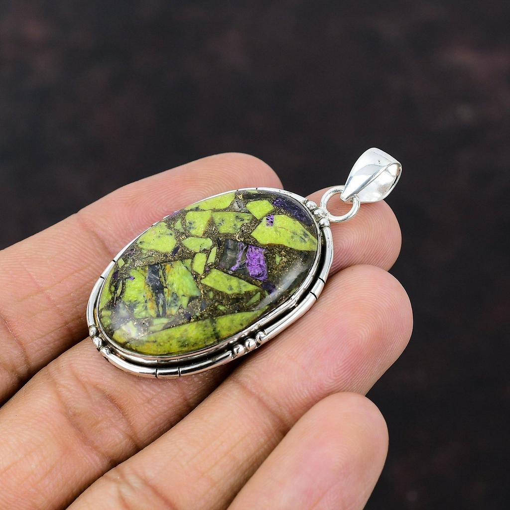 Hänge i kopparstichtit Naturlig ädelstenssmycke 925 Sterlingsilverhänge Handgjort Hänge i Hippiestil Gåva till kvinnor Stichtitsmycke