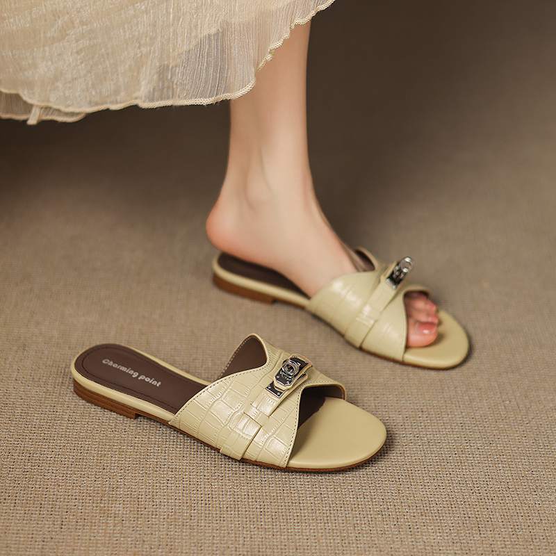 Krazing Pot Cow Skin Mules Summer Size 42 Low Heels Luxury Shoes Metal Decoration Women Superstar Women Peep Toe Slip on Sandals