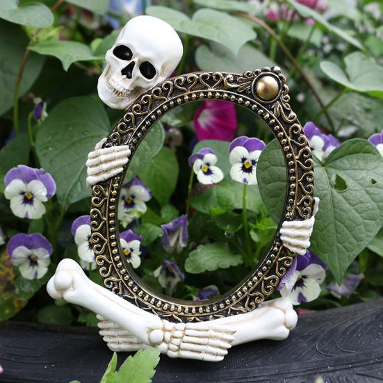 Vintage Skeleton Mirror Frame Statue Gothic Halloween Skull Hold Mirror Figurine Resin Skeleton Sculpture for Shelf Mantel Home Office Decor
