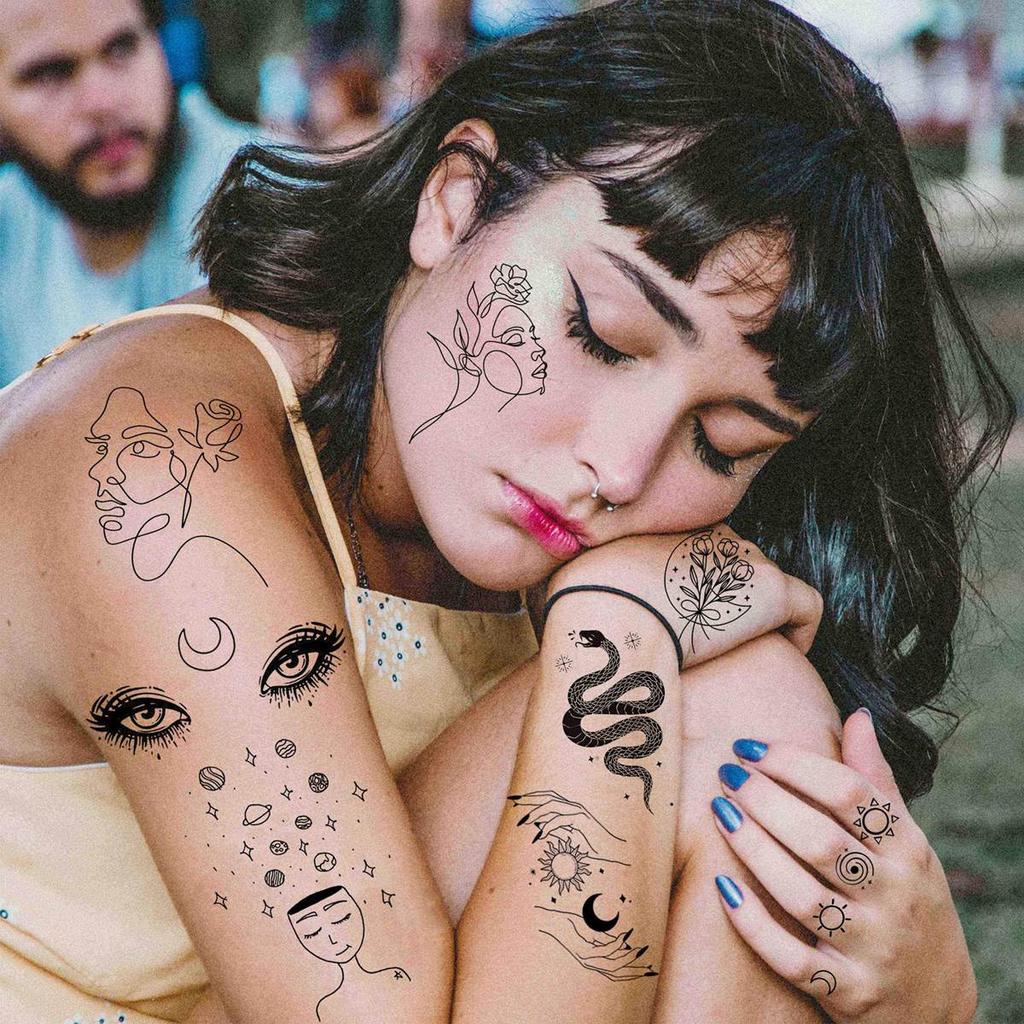 15 Blatt Minimalismus Abstrakte Linie Kunst Temporäre Tattoos Für Frauen Männer Erwachsene Finger Schwarz Tattoo 3D Mond Stern Gefälschte Tatoos Sets