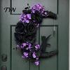 Indoor Dark Theme Soft Furnishings Halloween Black Cat Moon Wreath, Gothic Crescent Grapevine Wreath with Style Holiday Home Accents Rose Flowers,