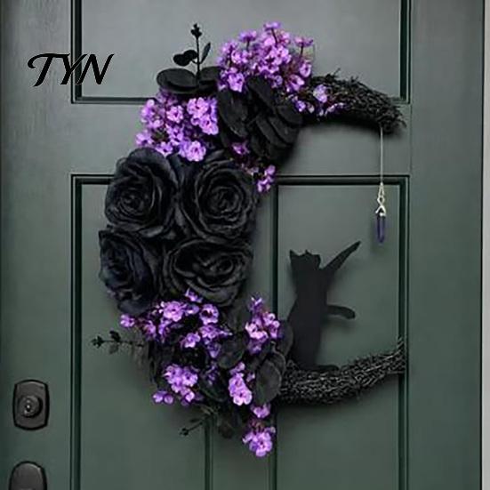 Indoor Dark Theme Soft Furnishings Halloween Black Cat Moon Wreath, Gothic Crescent Grapevine Wreath with Style Holiday Home Accents Rose Flowers,