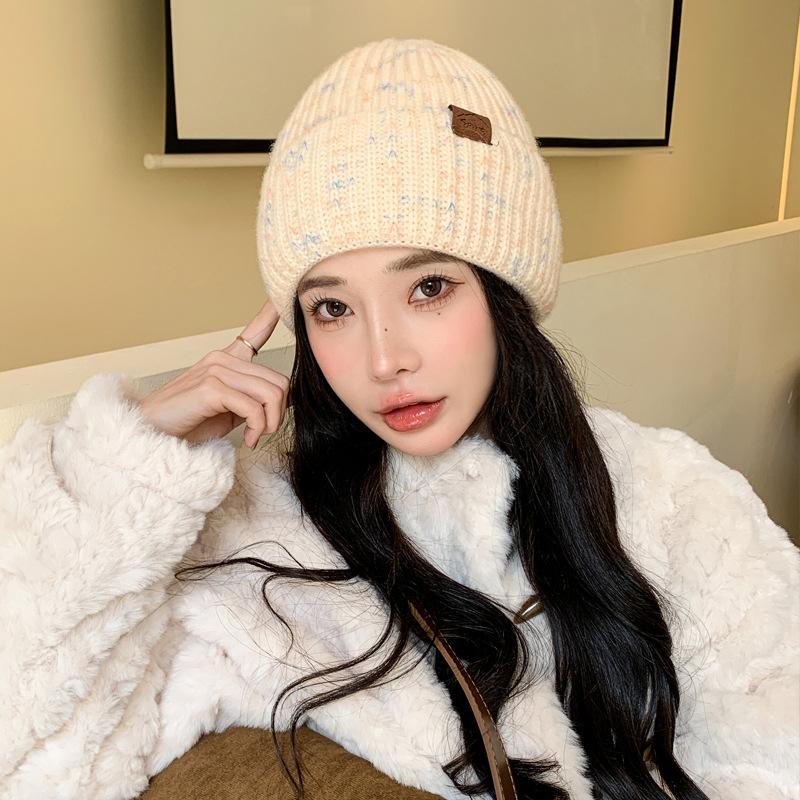 

Autumn and winter hat female alphabet leather label knitted wool hat winter warm student pullover hat thick One Size