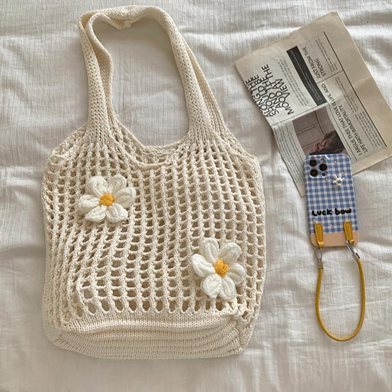Yogodlns Fashion Summer Beach Floral Decor Women Shoulder Bag Female Hollow Handwoven Knitted Soft Handbag Large Casual Tote Bag