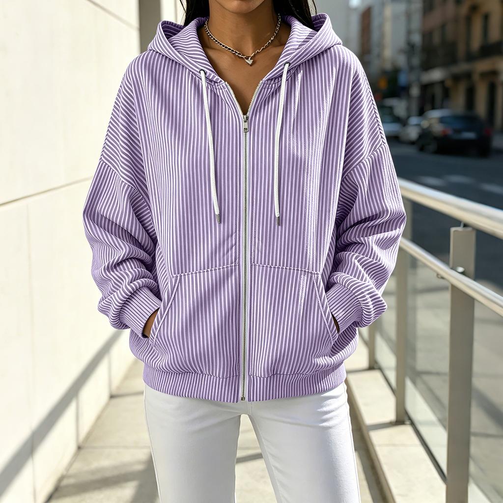 Women's Casual, Loose-Fitting, Striped, -Lined, Hooded Cardigan with Zipper