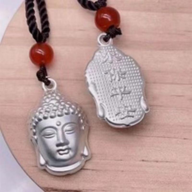 Silver Ethnic Buddha Pendant: Unisex Sweater Accessory with Black Rope