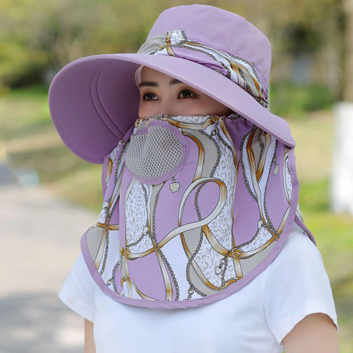 

Summer Women Wide Brim Garden Work Shade Hat Face Mask Detachable Sunhat Outdoor Print Breathable Fisherman Hat UV Protection one size