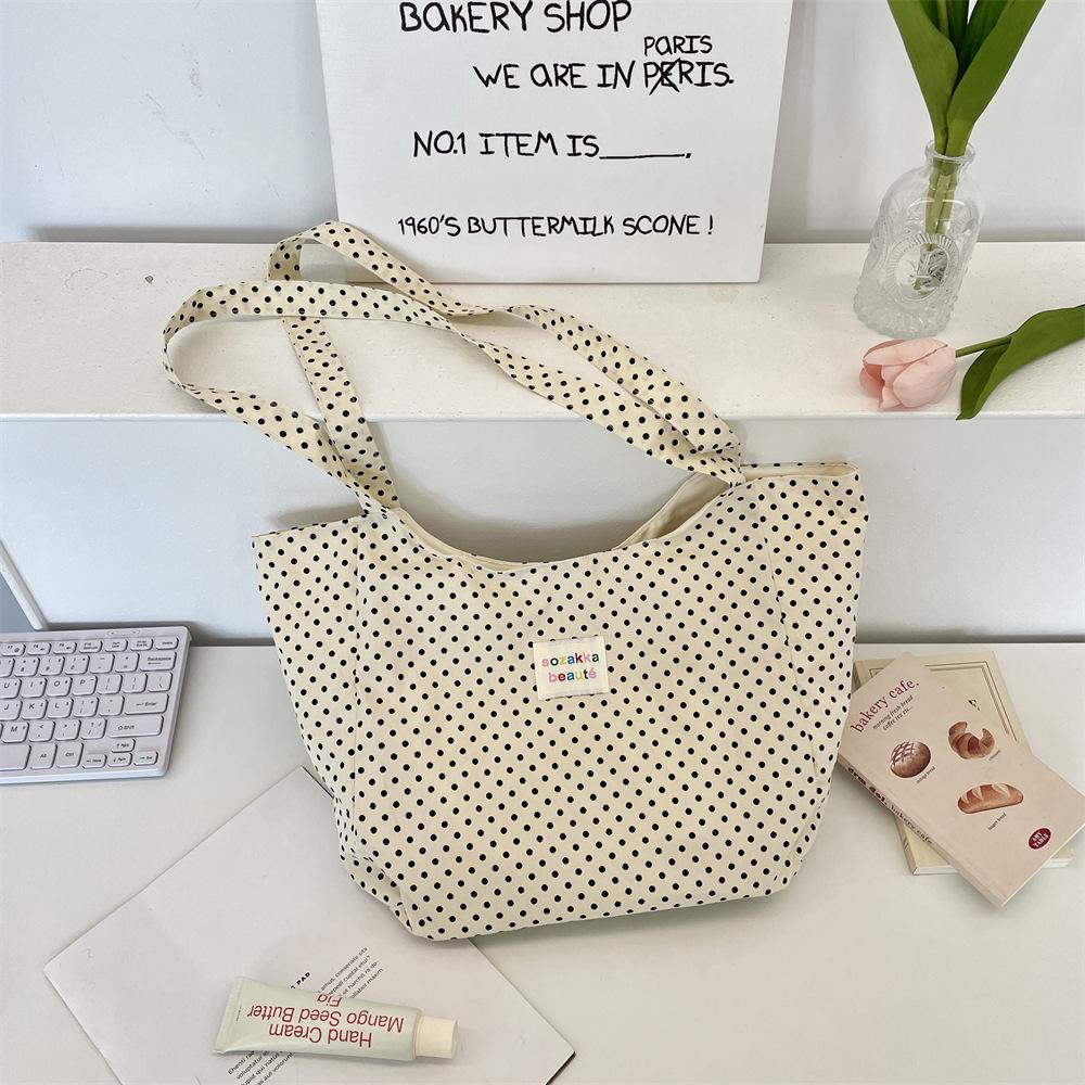 55 Printed polka dot shoulder canvas bag Large capacity tote bag Commuter finishing storage bag Women's shoulder schoolbag