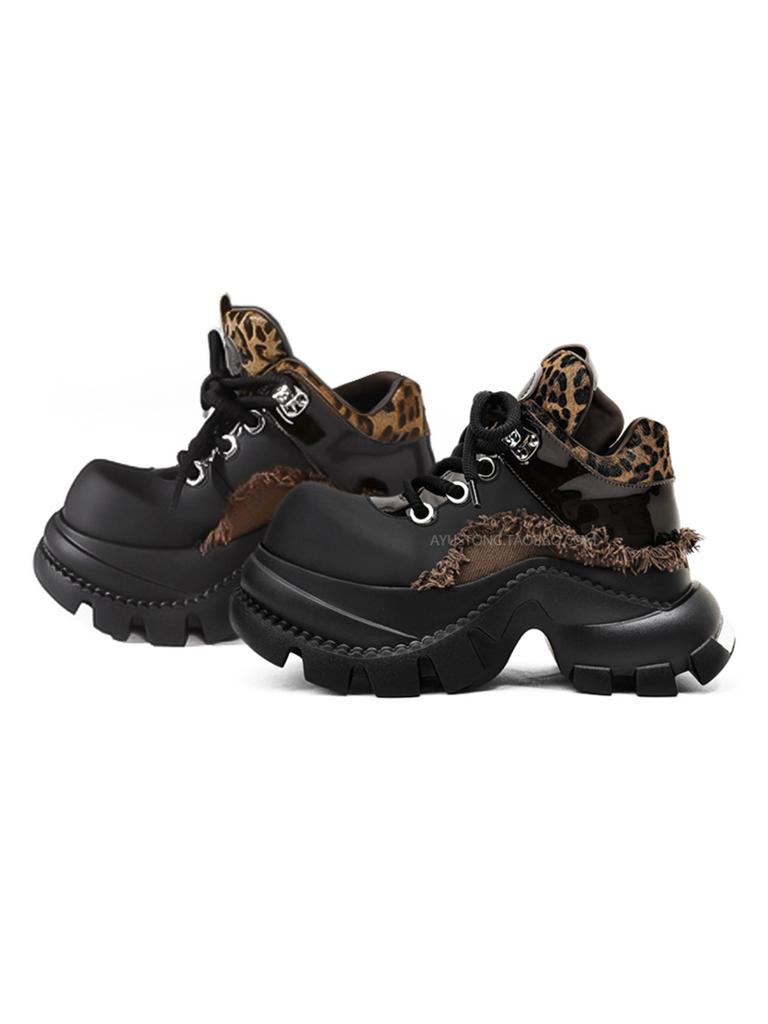 Fashion Punk Style Women Black Leopard Print Metal Lace-up Heel Height Platform Shoes Gothic Sneakers Women Ankle Boots 2025 New