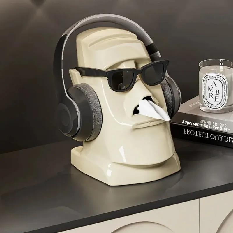 Boîte à mouchoirs 3 en 1 Sculpture de pierre froide Support pour casque Bluetooth Décoration de salon Support d'exposition pour casque