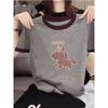 New color matching front shoulder pure cotton round neck short-sleeved t-shirt women's fashion versatile foreign style gray top summer