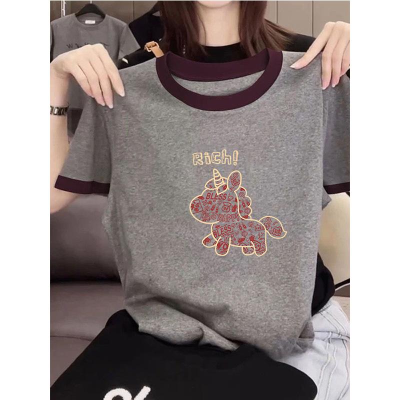 New color matching front shoulder pure cotton round neck short-sleeved t-shirt women's fashion versatile foreign style gray top summer