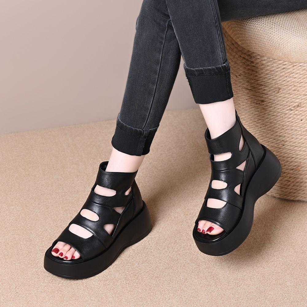 

Босоножки женские новая летняя дышащая обувь универсальные черные на высоком каблуке с ремешком на щиколотке и платформой, танкетка 40 чёрный