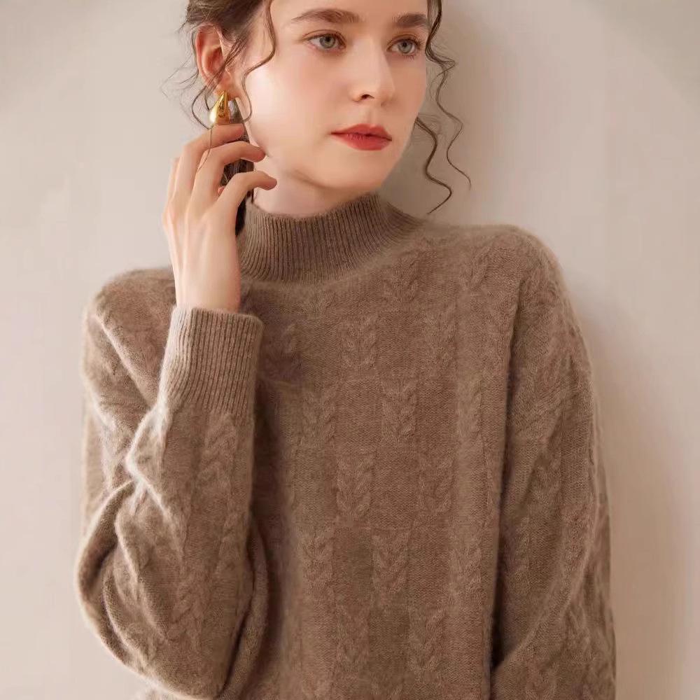 2024 Autumn/Winter Cashmere Sweater: Ladies' Half-High Neck, Wheat Ear Jacquard, Korean-Style Loose Slimming Knitwear